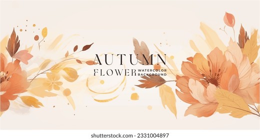 Autumn background vector. Hand painted watercolor and gold brush texture, Flower and botanical leaves hand drawing. Abstract art design for wallpaper, wall arts, cover , wedding and invite card.