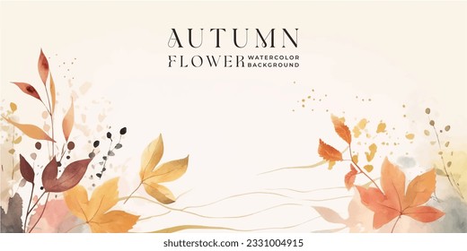 Autumn background vector. Hand painted watercolor and gold brush texture, Flower and botanical leaves hand drawing. Abstract art design for wallpaper, wall arts, cover , wedding and invite card.