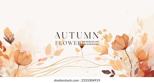 Autumn background vector. Hand painted watercolor and gold brush texture, Flower and botanical leaves hand drawing. Abstract art design for wallpaper, wall arts, cover , wedding and invite card.