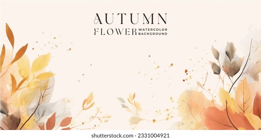 Autumn background vector. Hand painted watercolor and gold brush texture, Flower and botanical leaves hand drawing. Abstract art design for wallpaper, wall arts, cover , wedding and invite card.