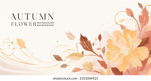Autumn background vector. Hand painted watercolor and gold brush texture, Flower and botanical leaves hand drawing. Abstract art design for wallpaper, wall arts, cover , wedding and invite card.