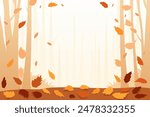 Autumn background vector illustration. Beautiful autumn leaves fall to the ground against the background of trees and forest. Autumn natural landscape in orange and yellow tones for design.