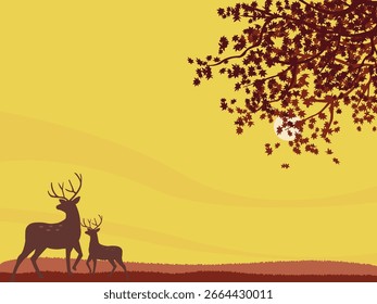 Ilustración vectorial de fondo de otoño. Ciervos.