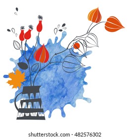 Autumn background.  Vector illustration with flowers, watercolor element and space for text.