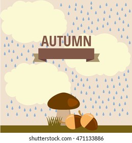 autumn background, vector autumn illustration of mushroom in the rain and under the small clouds in the woods, in nature
