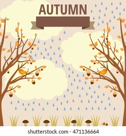 autumn background, vector autumn illustration of mushroom in the rain and under the small clouds in the woods, in nature, vector autumn illustration of flora and fauna in the forest
