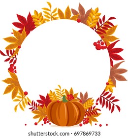 Autumn background. Vector illustration with pumpkin, autumn leaves and berries