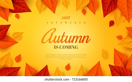 Autumn background. Vector illustration. Red and orange leaves frame with place for text. Fall template design for posters, flyers, brochures or vouchers. 