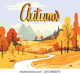 Autumn background vector illustration. warm colors landscape. Banner illustration "Hello autumn". River and trees, autumn design landscape.