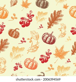 Autumn background. Vector pattern with hand drawn pumpkins, berries, leaves. Design for fabric, wallpaper, wrapping paper, stationery, textile.