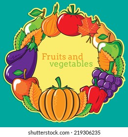 Autumn background with vegetables and fruits. Bright colorful composition and place for text. Eps 10 vector illustration.