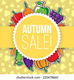Autumn background with vegetables and fruits. Bright colorful composition and place for text. Eps 10 vector illustration.