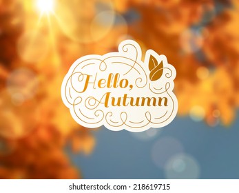 Autumn background with vintage label and sun beam. Vector illustration.