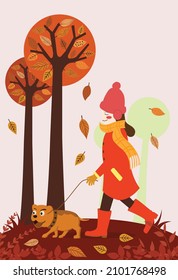 autumn background walking _woman pet trees cartoon design