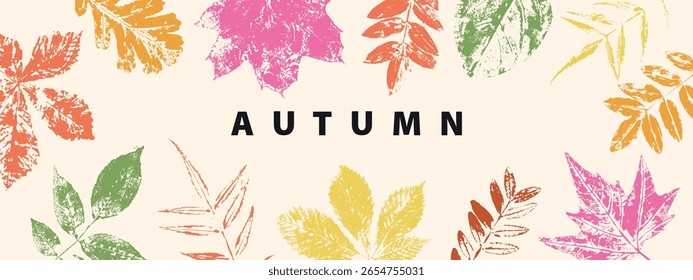 Fundo de outono, papel de parede, banner com folhas de árvore. Olá, Autumn. Projeto de estrutura de temporada de outono. Folhas de textura de selo.
