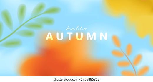 Autumn background, wallpaper, banner with tree leaves, blue sky. Hello Autumn. Fall season frame design. Blurred unfocused macro orange, yellow, green leaves. 