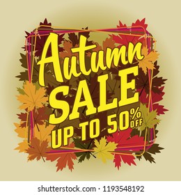 Autumn background wallpaper decorates the leaves to buy in a store or advertising poster and commercial or web banner. Up to 50% off. Vector Illustration.