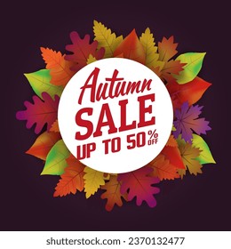Autumn background wallpaper decorates the leaves to buy in a store or advertising poster and commercial or web banner. Up to 50% off. Vector Illustration.
