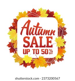 Autumn background wallpaper decorates the leaves to buy in a store or advertising poster and commercial or web banner. Up to 50% off. Vector Illustration.
