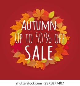 Autumn background wallpaper decorates the leaves to buy in a store or advertising poster and commercial or web banner. Up to 50% off. Vector Illustration.