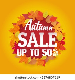 Autumn background wallpaper decorates the leaves to buy in a store or advertising poster and commercial or web banner. Up to 50% off. Vector Illustration.