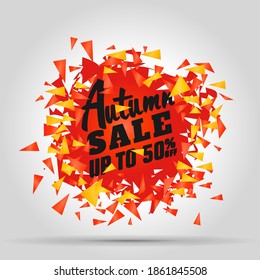Papel mural de fondo otoñal cayendo en pequeños pedazos, inscripción decora un cartel para comprar en una tienda o un afiche publicitario, oferta comercial, banner web. Descuentos de hasta el 50%. Ilustración del vector