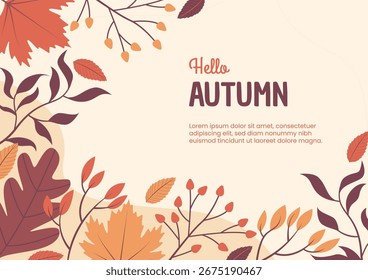 Fondo de otoño con colores cálidos y varias hojas. Plantilla de temporada para publicaciones, tarjetas de felicitación, Anuncios y carteles. Ilustración vectorial plana botánica.
