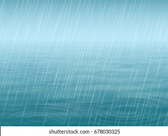 Autumn background. Water surface with wave and circles, falling rain. Vector realistic illustration.