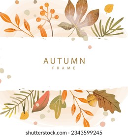 Autumn background with watercolor leaves and branches. Fall season square frame. Vector illustration