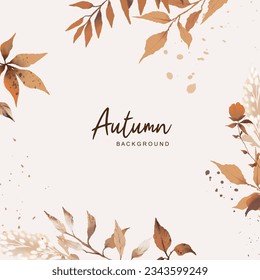 Autumn background with watercolor leaves and branches. Fall season square frame. Vector illustration