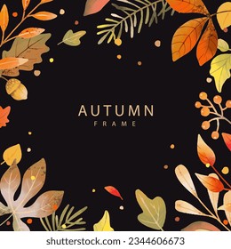 Autumn background with watercolor leaves and branches. Fall season square frame. Vector illustration