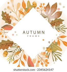 Autumn background with watercolor leaves and branches. Fall season square frame. Vector illustration