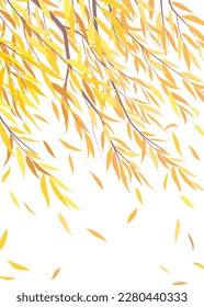 Autumn background with weeping willow tree branches. Fall view with wind falling yellow leaves. Simple vector flat illustration.