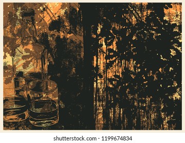 Autumn Background With Whiskey, Oak Leaves And Textures. Vector Illustration