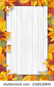 Autumn background with White and Grey wood panel texture on multicolour Autumn forest tree, Vector illustration Fall season backdrop vertical banner for Thanksgiving card, Sale or Promotion