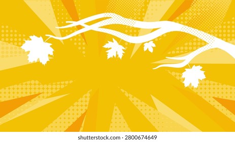 Autumn background with white maple branch and abstract pop art sunburst rays, vector illustration