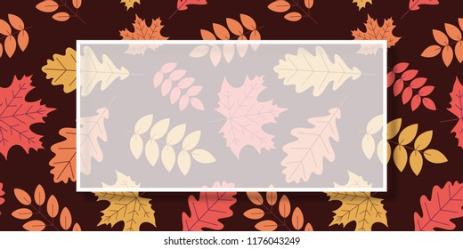 Autumn background with white rectangular transparent frame and golden leaves. Vector сard, banner or poster template. 