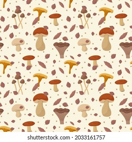 Autumn background with wild mushrooms. Seasonal texture with edible mushrooms. Natural doodle textures for textiles. Vector illustration