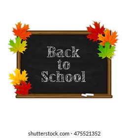 Autumn background, words Back to School written in white chalk on a black chalkboard and colorful maple leaves, illustration.
