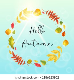 Autumn background wreath falling leaf , bright blue sky and inscription hello autumn. Vector template
