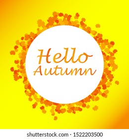 
Autumn background with the writing of Hello Autumn and autumn maple leaves of different colors with gold background