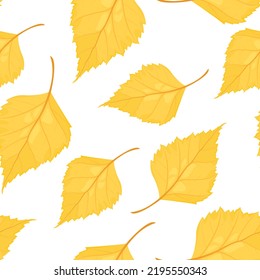 Autumn background with yellow fallen leaves. Vector botanical seamless pattern. Cartoon birch leaf.