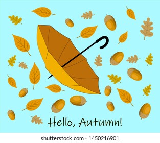 autumn background with yellow leaves and rain umbrella