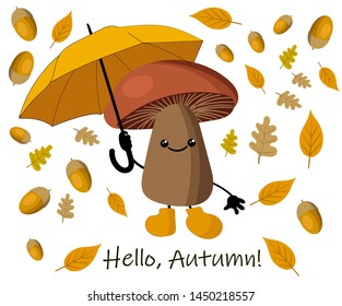 Autumn background with yellow leaves and umbrella from the rain. autumn mushroom