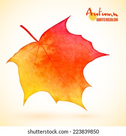 Autumn background, yellow maple leaf with watercolor texture, vector eps10