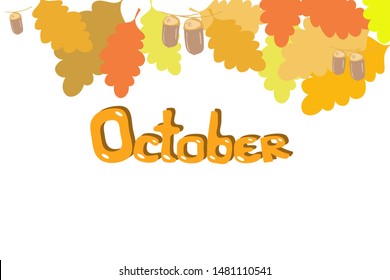 Autumn background of yellow maple leaves and lettering October, vector illustration