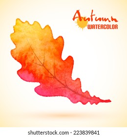 Autumn background, yellow oak leaf with watercolor texture, vector eps10