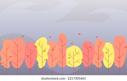 autumn background with yellow, orange trees, falling leaves, dark sky, flat illustration
