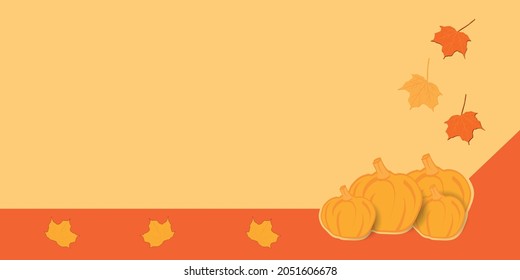 Autumn background in yellow and red with maple leaves and pumpkins. vector