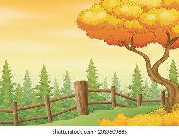 Autumn background with a yellow tree inside the fence